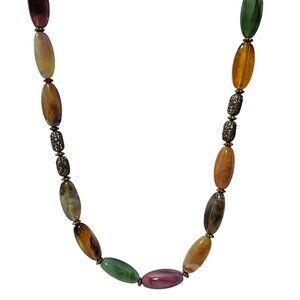 Vintage Multicolor Beaded Chunky Statement Necklace Intricate Metal Accents